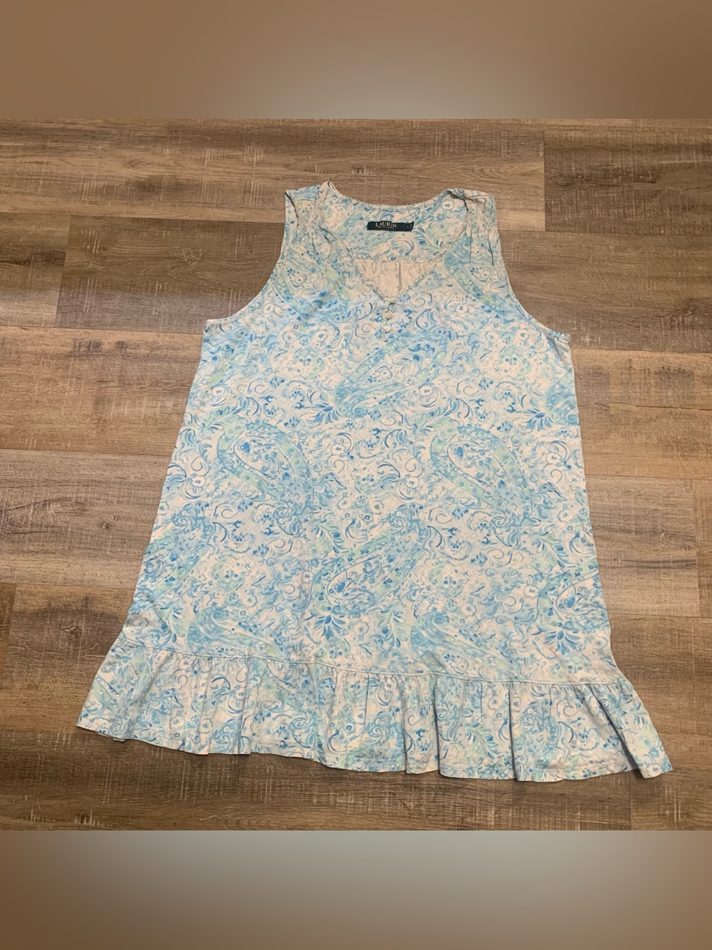 Lauren Ralph Lauren Blue Paisley Floral V-Neck Ruffled Hem Nightgown Large